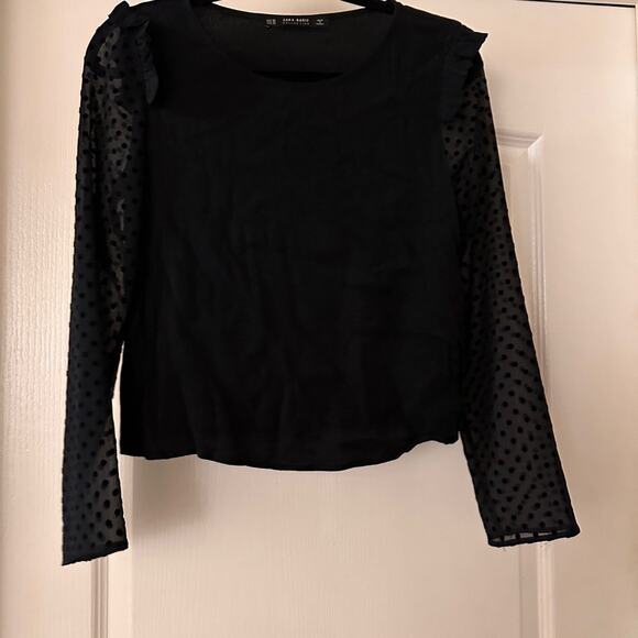 Zara black frilled shoulder sheer polka dot sleeve blouse size xs - Picture 4 of 7
